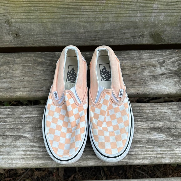 Vans Shoes - Vans Classic Slip On Peach White Checkerboard Skate Sneakers Womens 7.5 Mens 6.0